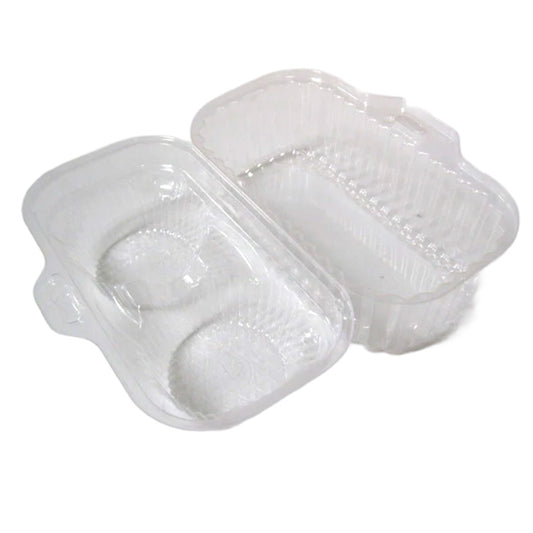 Clear plastic two-cell cupcake container shown open, with two round cupcake cavities inside and a matching clear lid on a white background.
