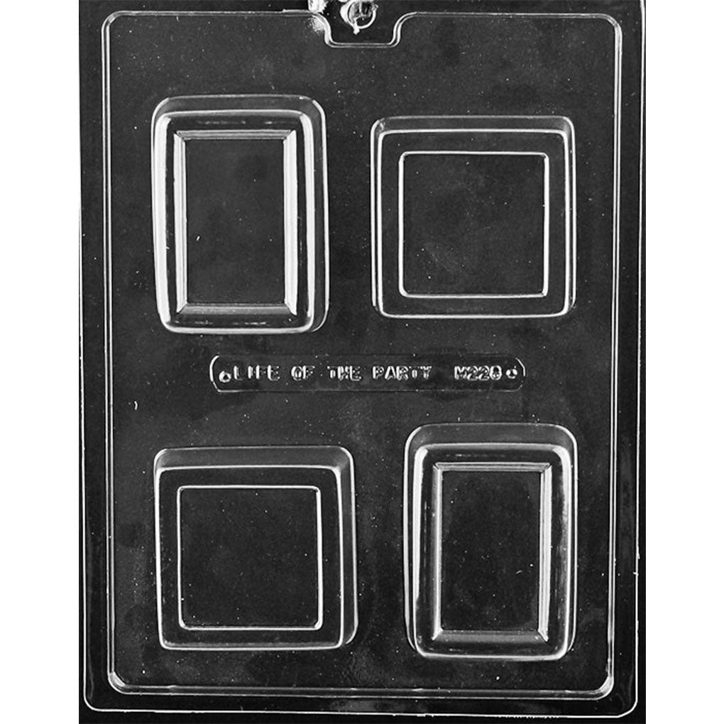 Clear plastic M230 chocolate bar mold with four bordered cavities: two 2 1/2-inch squares and two 3 x 2-inch rectangles with smooth centers.