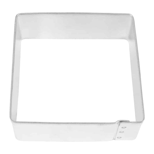 2.5-inch square cookie cutter made of durable tinplated steel, perfect for cookies, sandwiches, and crafts.