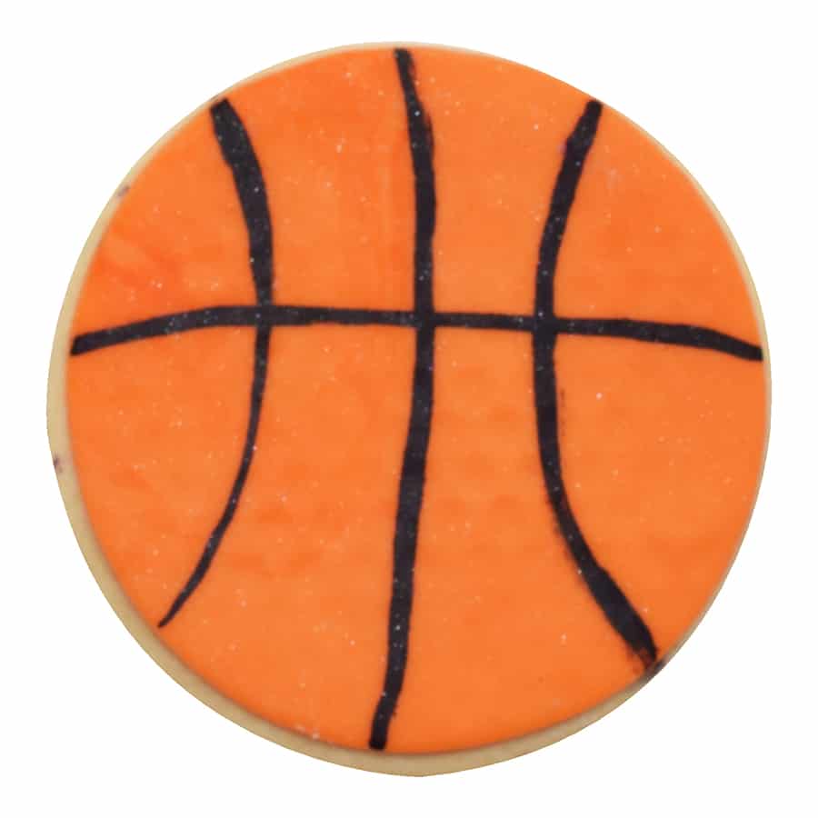 Round cookie decorated as an orange basketball with black icing lines.