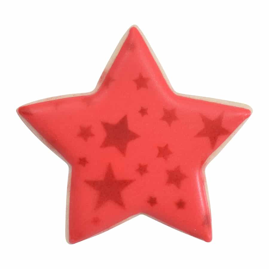 Red star-shaped cookie with a pattern of smaller stars in varying shades of red.