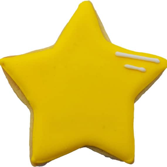 Yellow star-shaped cookie with icing and white decorative lines.