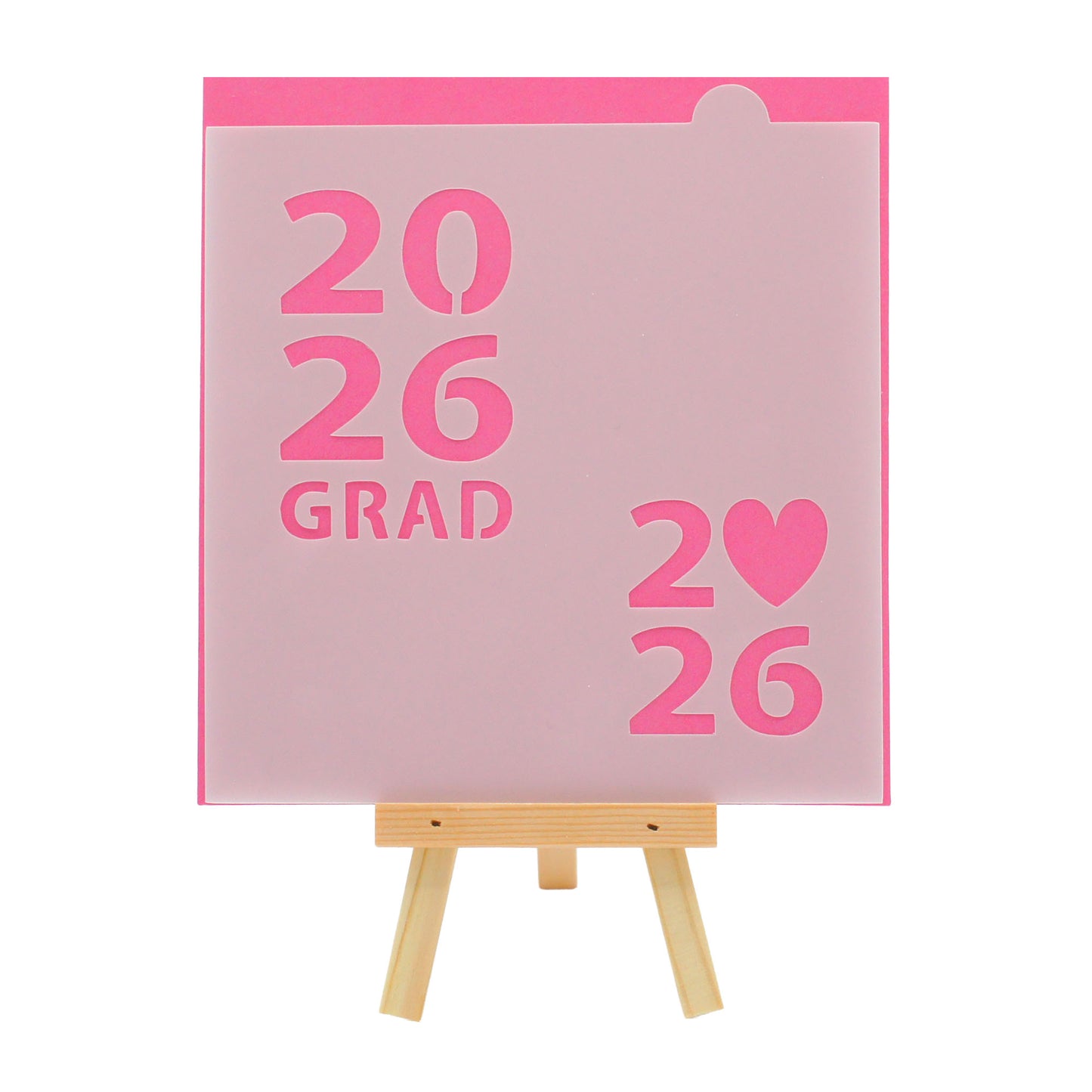 2026 graduation cookie stencil with “2026 GRAD” lettering and a heart-shaped zero option.