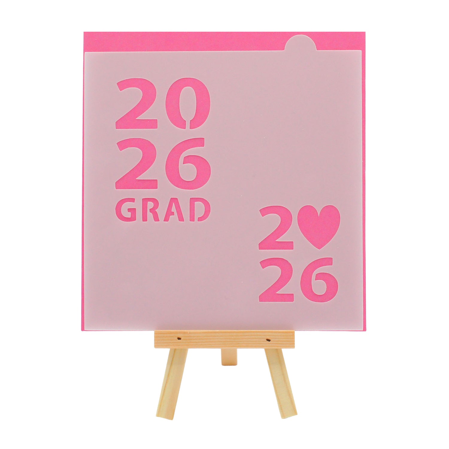 2026 graduation cookie stencil with “2026 GRAD” lettering and a heart-shaped zero option.