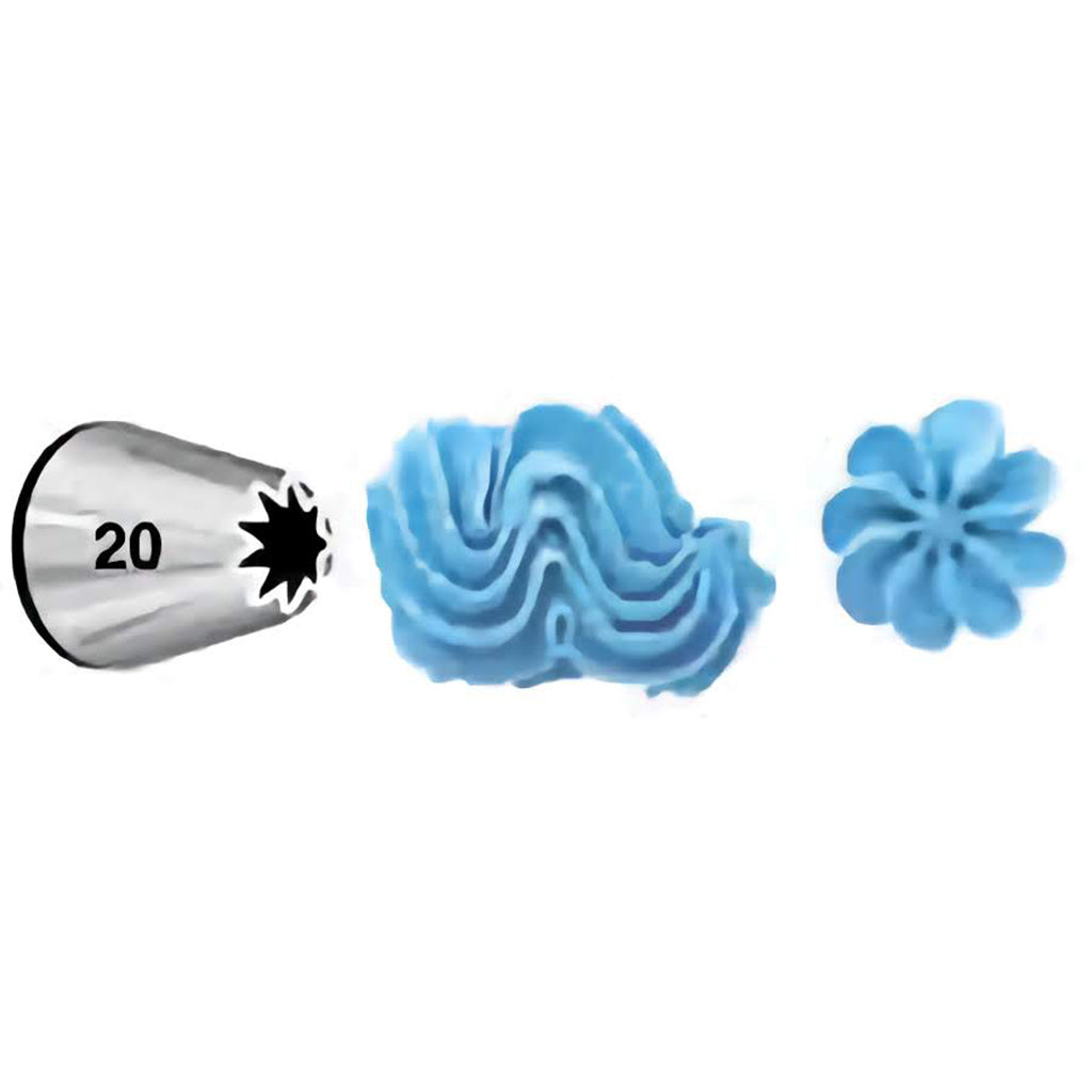 A metal piping tip labeled with the number "20." The piping tip creates a blue, wavy icing pattern and a small flower shape.