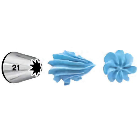 A metal piping tip labeled with the number "21." The piping tip creates a blue, ridged icing pattern and a small flower shape.