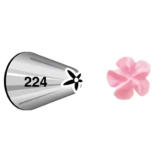 A metal piping tip labeled with the number "224." The piping tip creates a pink flower shape with five petals.