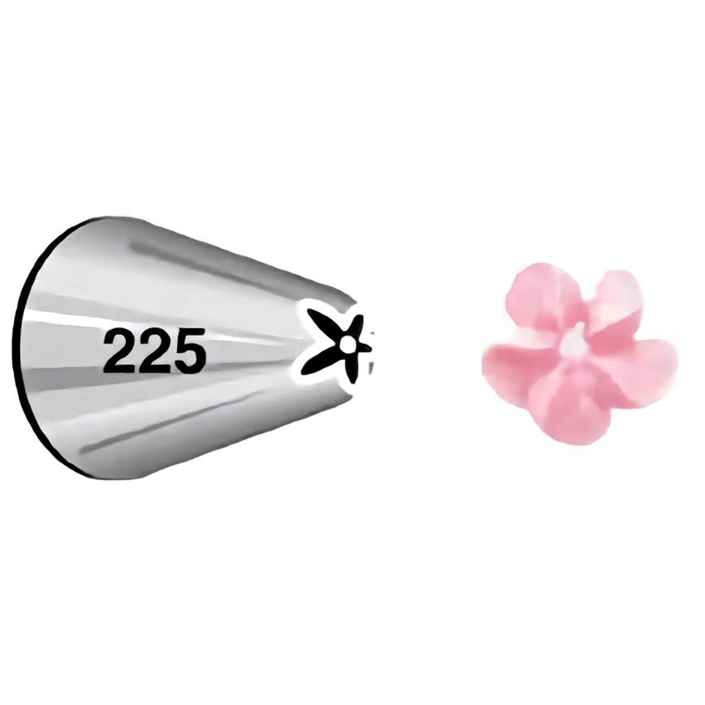 A metal piping tip labeled with the number "225." The piping tip creates a pink flower shape with five petals.