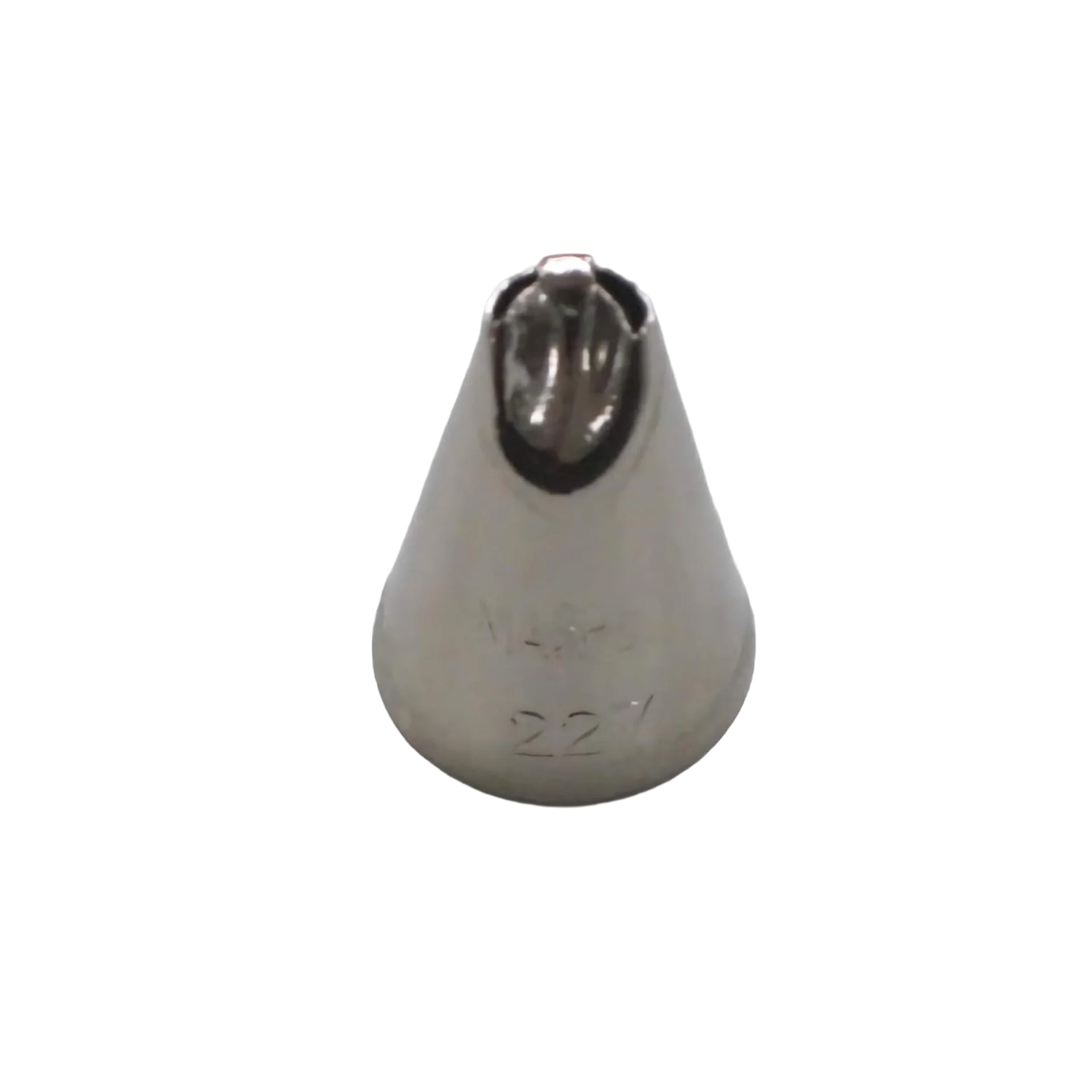 Close-up of stainless steel piping tip #227 with a narrow slotted opening, designed for creating chrysanthemum and textured floral icing designs.