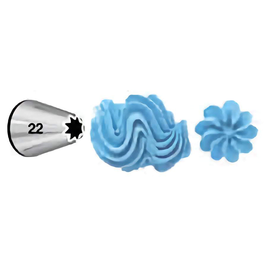 A metal piping tip labeled with the number "22." The piping tip creates a blue, wavy icing pattern and a small flower shape.