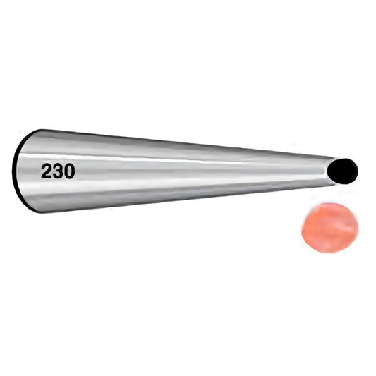 A metal piping tip labeled with the number 230. The piping tip has a large round opening for creating large dots or filling cupcakes.