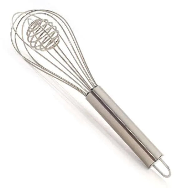 A stainless steel whisk with a coil inside the main whisk, designed for efficiently mixing and aerating ingredients in baking and cooking.