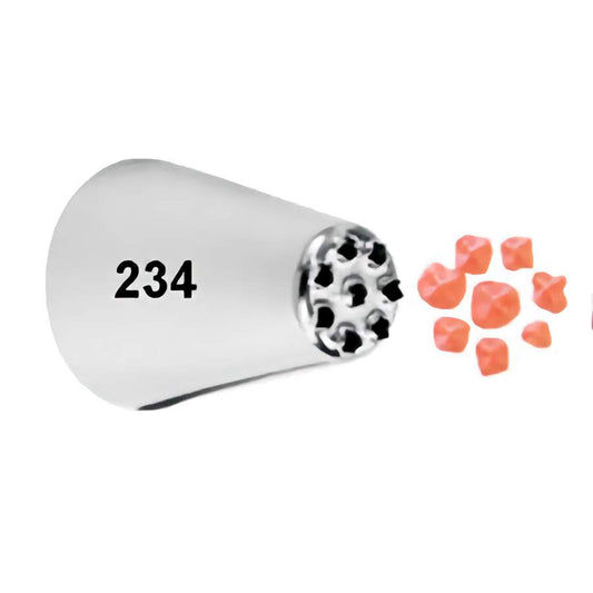 A stainless steel piping tip labeled "234," with a cluster of small openings designed to create multiple strands of icing at once, resembling grass or hair.