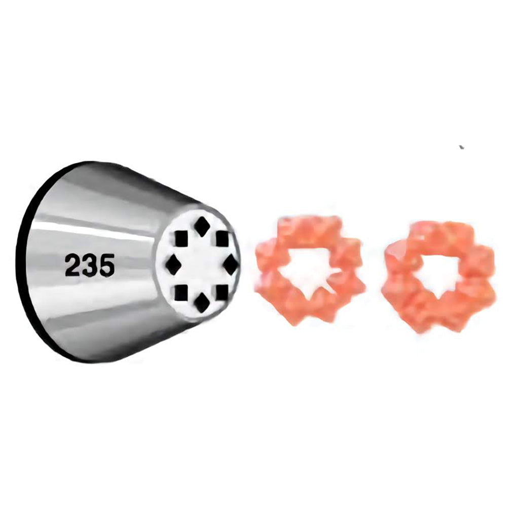  A stainless steel piping tip labeled "235," featuring multiple openings arranged in a star pattern, ideal for creating detailed floral and starburst icing designs.