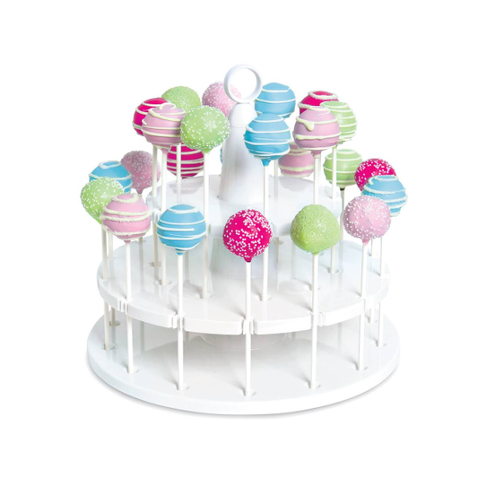 White plastic cake pop stand assembled and holding 24 cake pops.