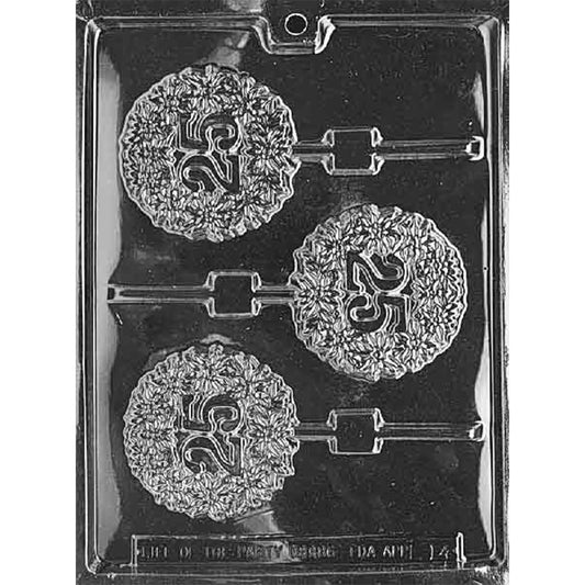 Clear chocolate lollipop mold with three round cavities featuring the number 25 surrounded by a flower wreath border.