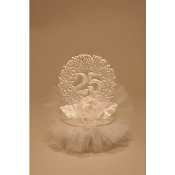 Graceful 25th-anniversary cake topper featuring the number '25' in a shimmering silver finish, set against a backdrop of a detailed wreath design with a delicate white flower and tulle decoration at its base, perfect for silver jubilee celebrations.