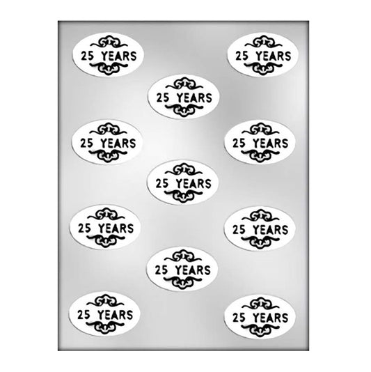 A celebratory chocolate mold containing eleven ovals, each inscribed with '25 Years' flanked by ornamental flourishes, ideal for commemorating silver anniversaries or quarter-century milestones.