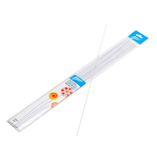 Package of white 26-gauge floral wire, 50-count, with paper-wrapped steel wires used for supporting sugar flowers and cake decorations.