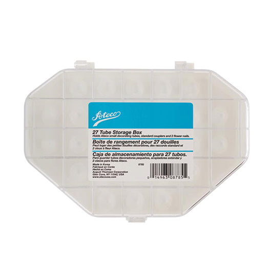 Clear 27-slot piping tip storage box with space for standard tips, a coupler, and two rose nails