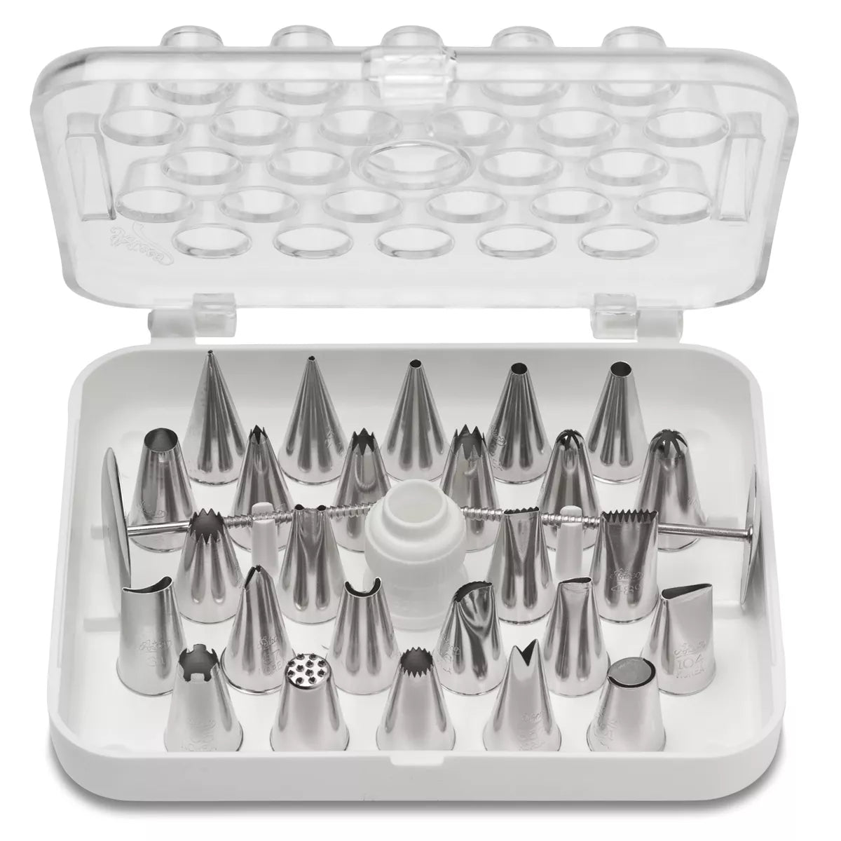 Open Ateco 782 29-piece pastry tube decorating set in a plastic storage box with various stainless steel piping tips, a coupler, and flower nails.