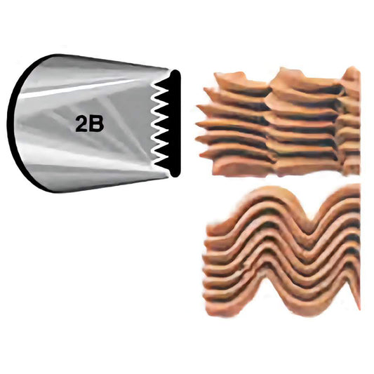Basketweave Piping Tip 895 (2B) with sample frosting patterns showing smooth and ribbed stripes for textured cake decorating