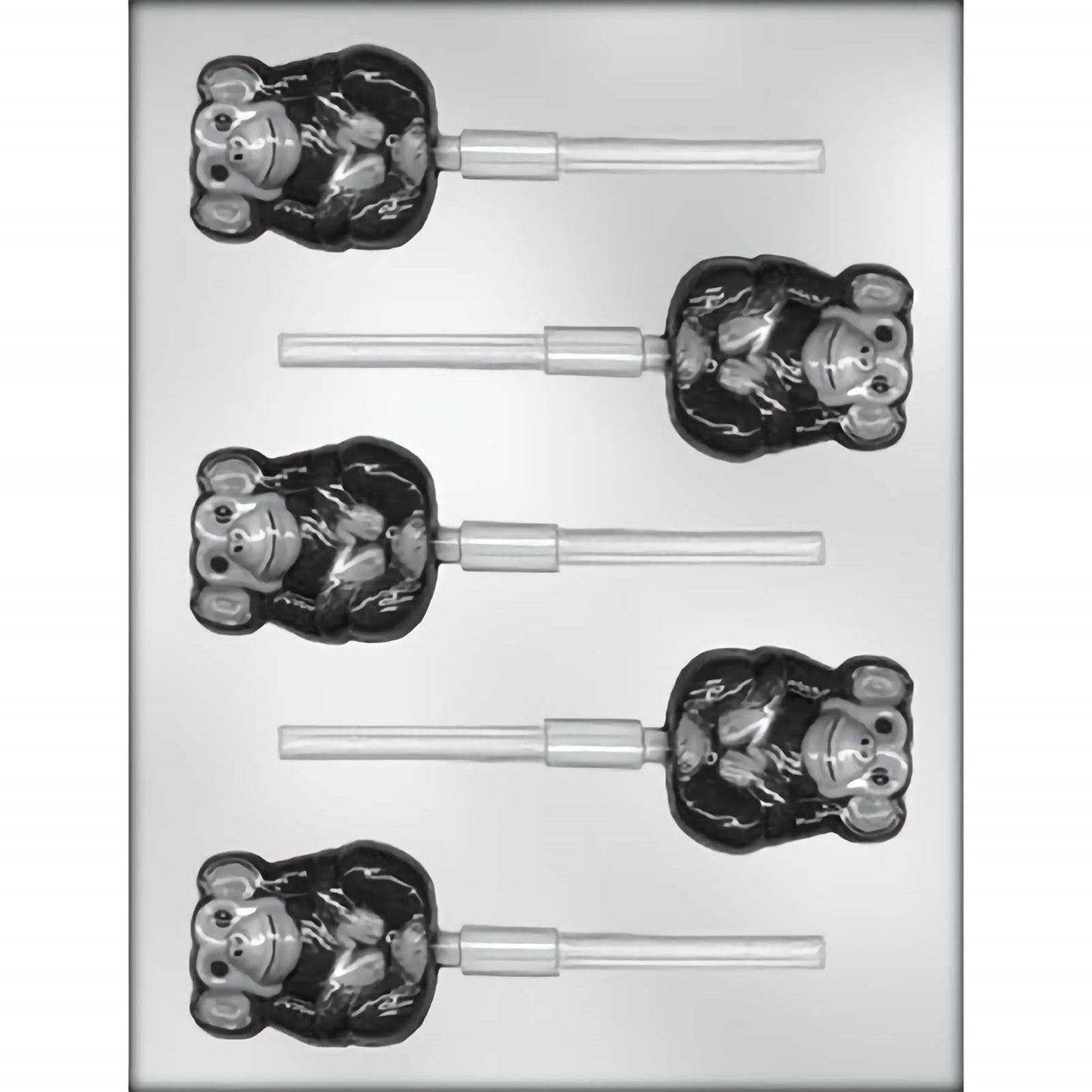 This mold has five cavities for creating chimpanzee-shaped lollipops. Each cavity produces a detailed chimpanzee design, making it suitable for jungle or zoo-themed events.