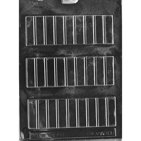 Clear plastic chocolate mold with three cavities designed to create 2-ounce break-apart chocolate bars. Each cavity features evenly spaced grooves to facilitate breaking the chocolate into smaller pieces. The mold is displayed against a black background, enhancing the visibility of its structure and design, perfect for crafting portioned chocolate bars.