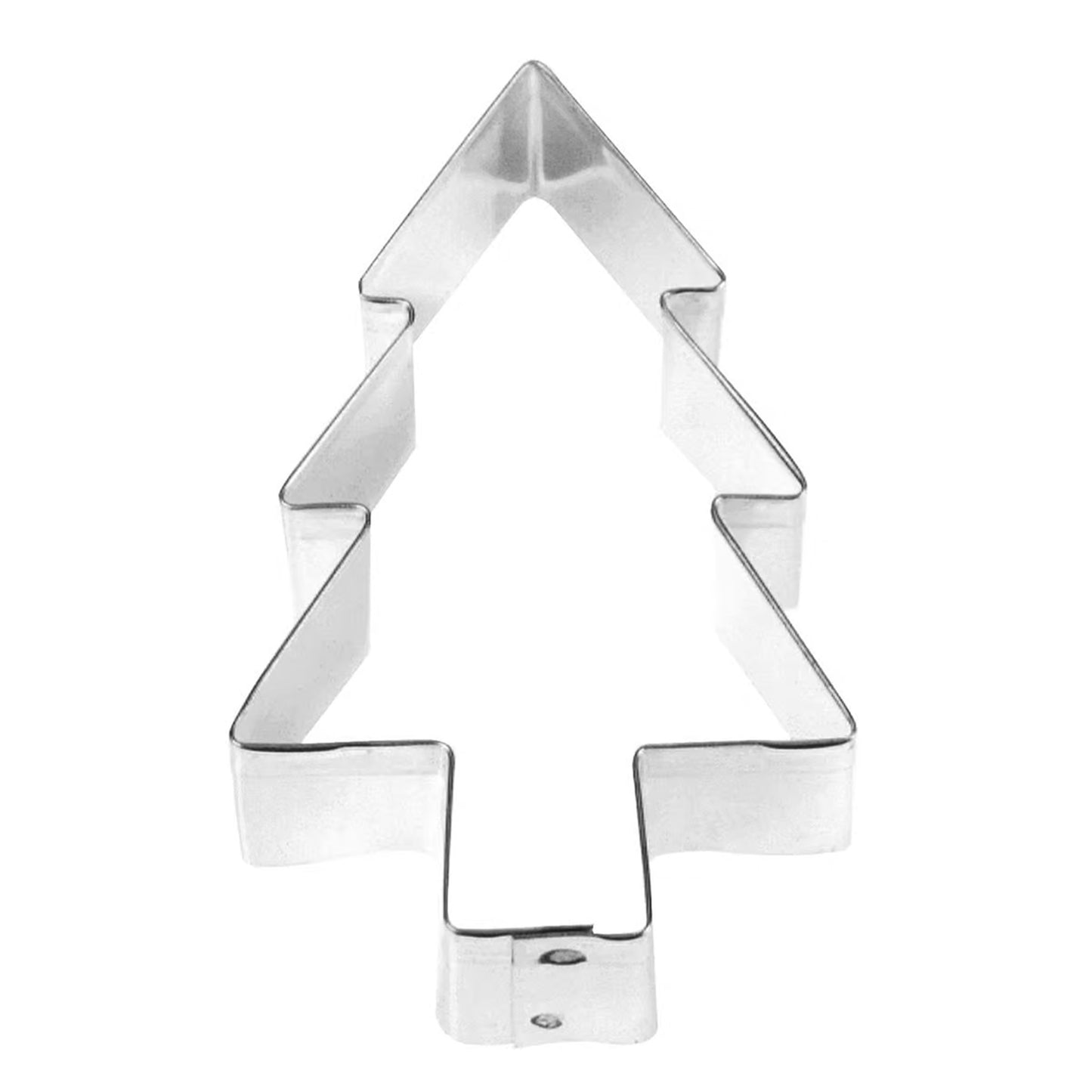 3-inch Christmas tree cookie cutter made of stainless steel with a shiny finish, ideal for festive baking.