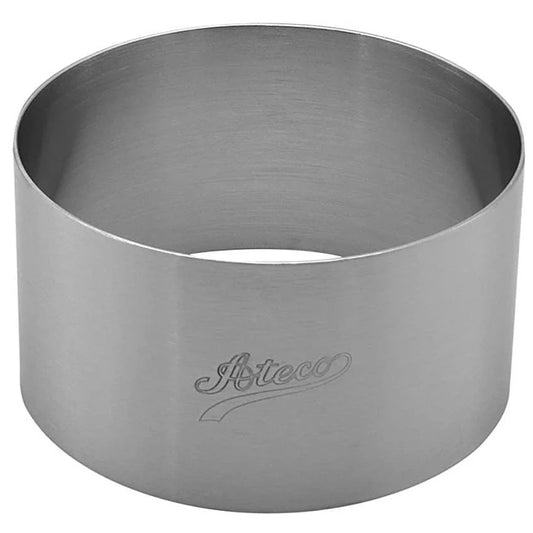 Stainless steel 3-inch round cake form ring with tall straight sides and an open center, shown on a white background with the Ateco logo on the side.