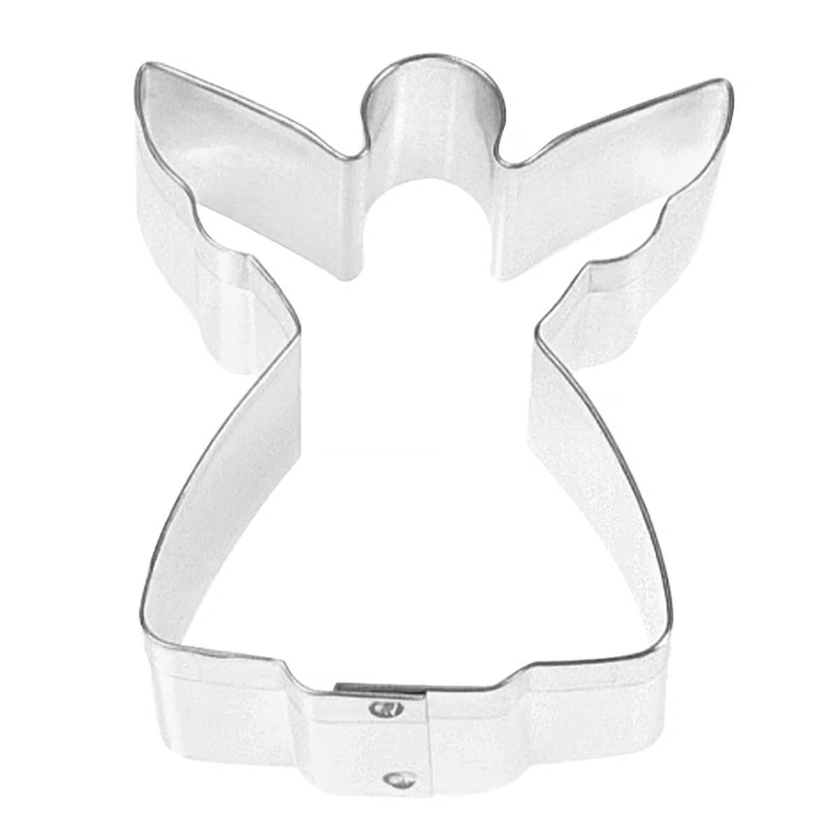 Metal angel-shaped cookie cutter with outstretched wings and a flowing gown.