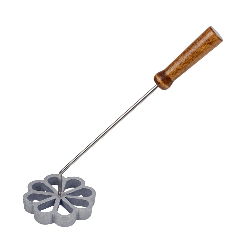 Medium floral Timbale mold attached to a wooden handle - Displaying the mold connected to a handle, ready for safe and easy use in frying.