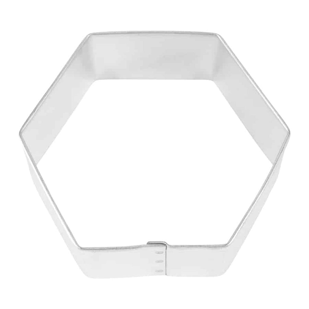 3-inch hexagon cookie cutter with straight edges, perfect for geometric and creative designs.