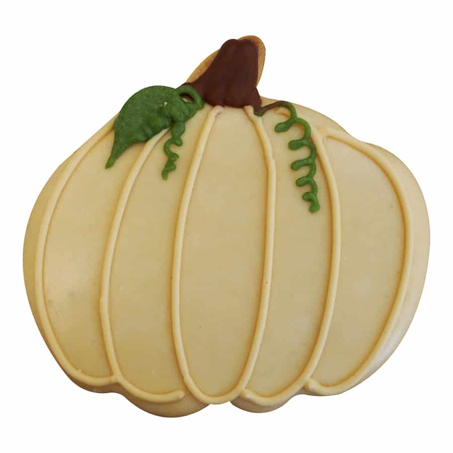 Decorated cookie shaped like a classic pumpkin with green vine details.