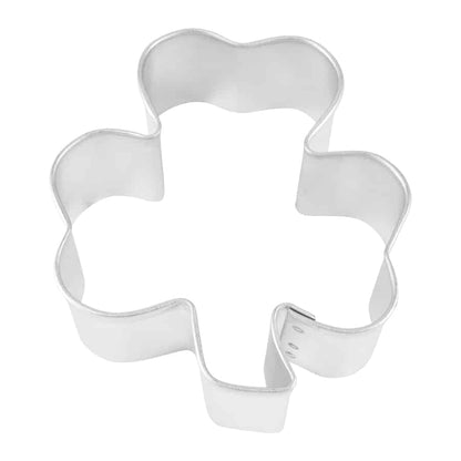 Top view of a 3-inch shamrock-shaped cookie cutter in a classic clover design.