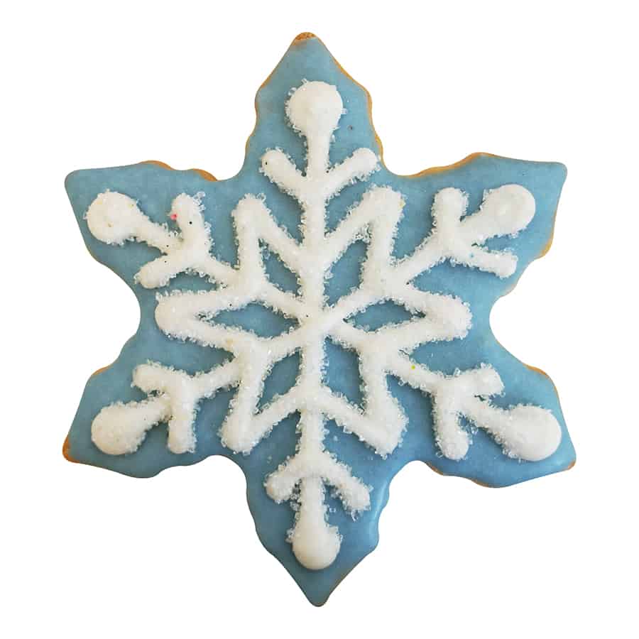 Blue frosted snowflake cookie with sparkling sugar and white icing.