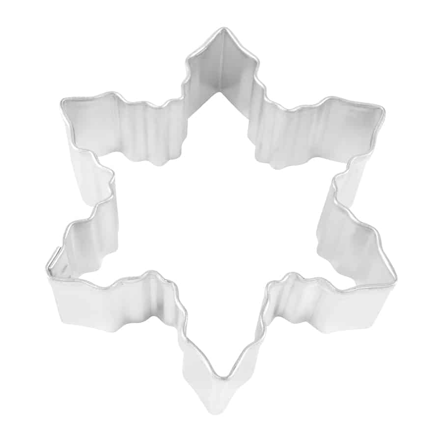 Top view of a 3-inch snowflake cookie cutter with detailed ridges.