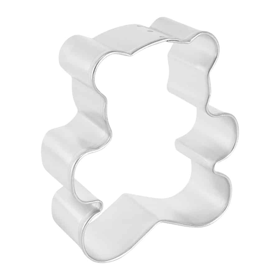 Side view of a teddy bear cookie cutter showing its sturdy construction and smooth edges.