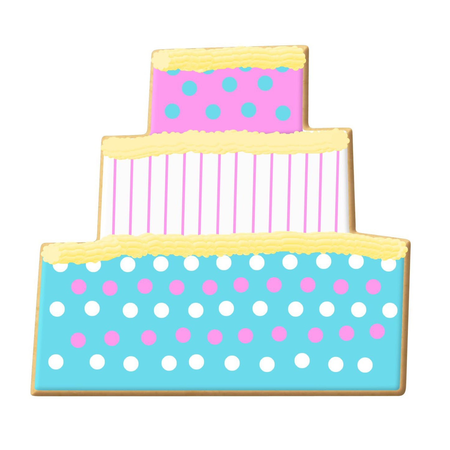 Cake-shaped sugar cookie decorated with pastel icing, polka dots, and piped frosting details.