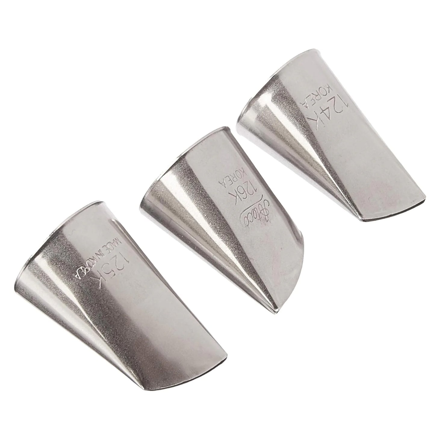 Three stainless steel Korean flower piping tips arranged on a white background, labeled 124K, 125K, and 126K, each with a curved petal-style opening.