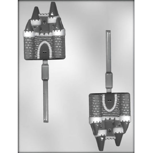 A 3.25-inch castle-shaped chocolate lollipop mold featuring a detailed castle design with multiple turrets and a central doorway, perfect for creating fun and themed lollipops for parties and events.