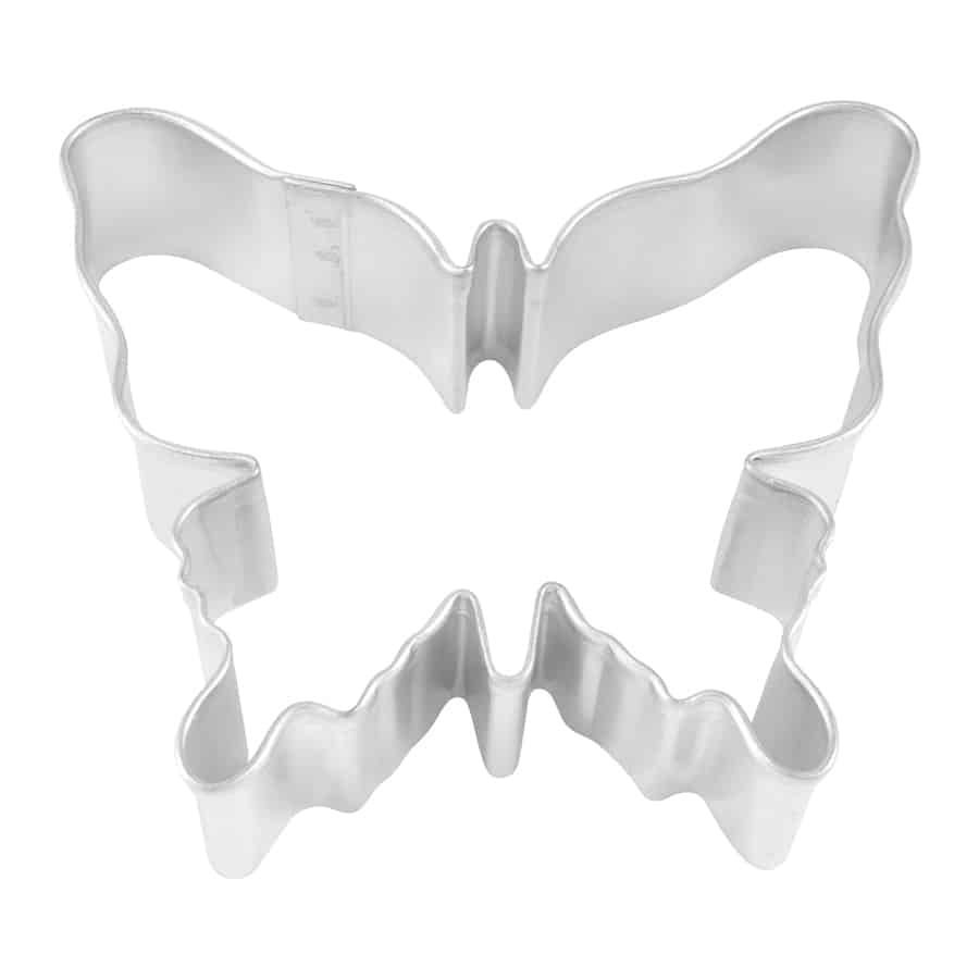 Metal butterfly cookie cutter with intricate wing details, top view.