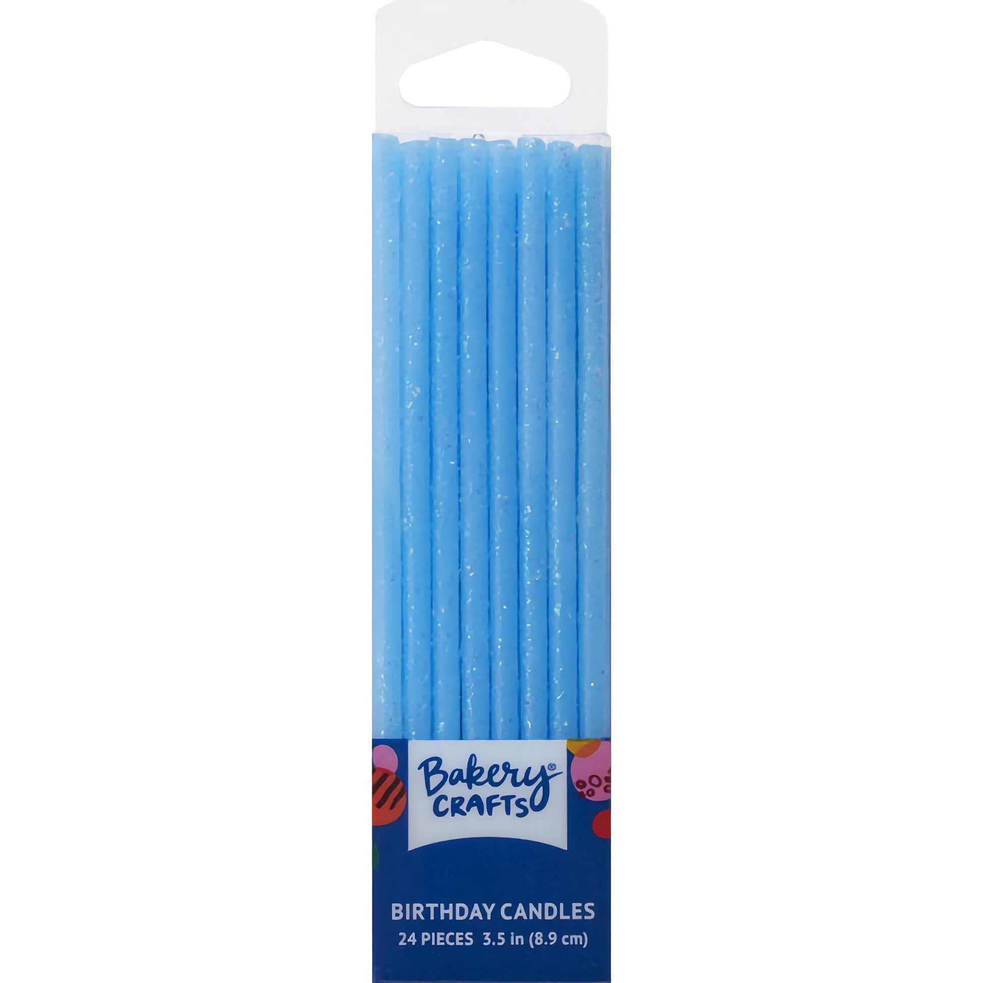 Bakery Crafts Blue Slim Glittery Birthday Candles, featuring elegant blue candles with a glittery finish, 3.4 inches tall, 24-pack.