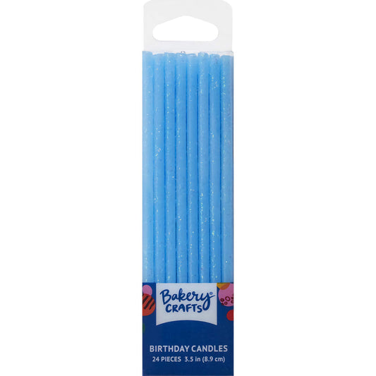 Bakery Crafts Blue Slim Glittery Birthday Candles, featuring elegant blue candles with a glittery finish, 3.4 inches tall, 24-pack.