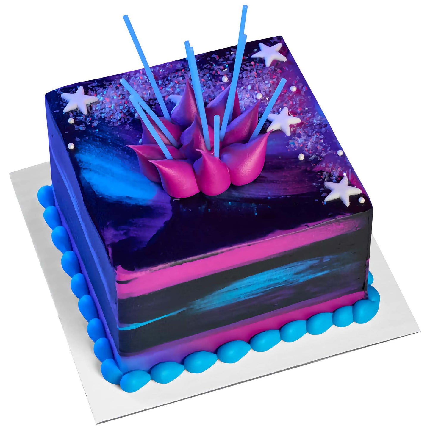  A cake decorated with 3.4-inch blue slim glittery birthday candles, arranged neatly on top of a vibrant and colorful cake, adding a touch of sparkle and elegance to the birthday celebration.
