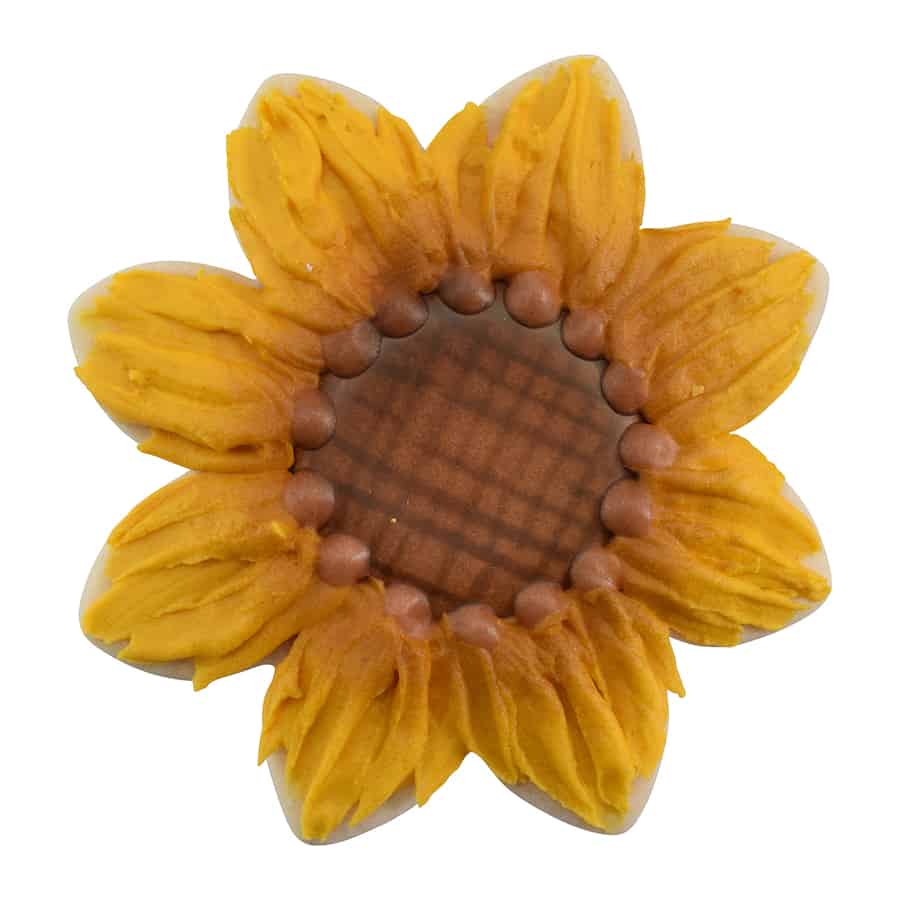 Decorated daisy cookie with bright yellow petals and a brown center.