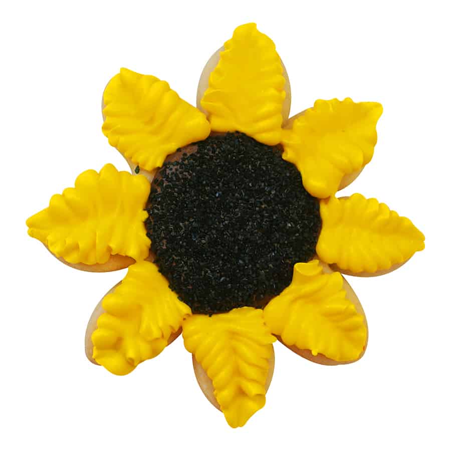 Decorated sunflower cookie with black center and textured yellow petals.