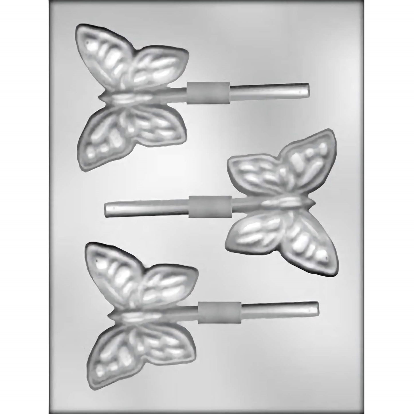 A 3.5-inch butterfly-shaped chocolate lollipop mold, ideal for making butterfly-themed chocolate treats with intricate wing patterns, perfect for garden parties and themed events.