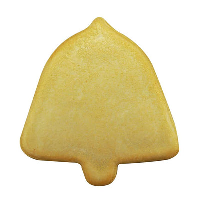 Plain baked bell-shaped cookie made using the 3.5-inch bell cookie cutter, ready for decorating.