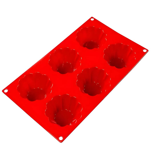 Fat Daddio's Silicone 3.7 Oz Baking Brioche Mold in red, featuring six fluted cavities. 